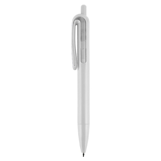 A white plastic pen with a clear section and a clip, featuring a sleek and simple design.
