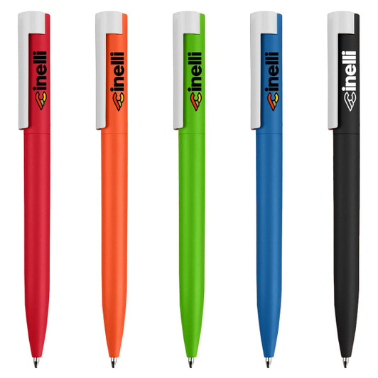 A collection of five metal pens in red, orange, green, blue, and black, featuring a logo on each pen.