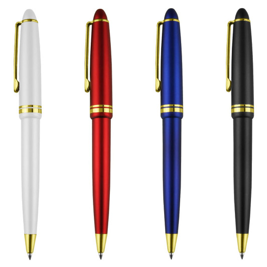 Four plastic pens in white, red, blue, and black, each with gold accents and a clip. There is a logo on the pens.