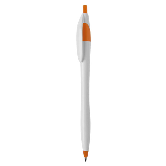 A white plastic pen with an orange cap and tip, featuring a branding logo.