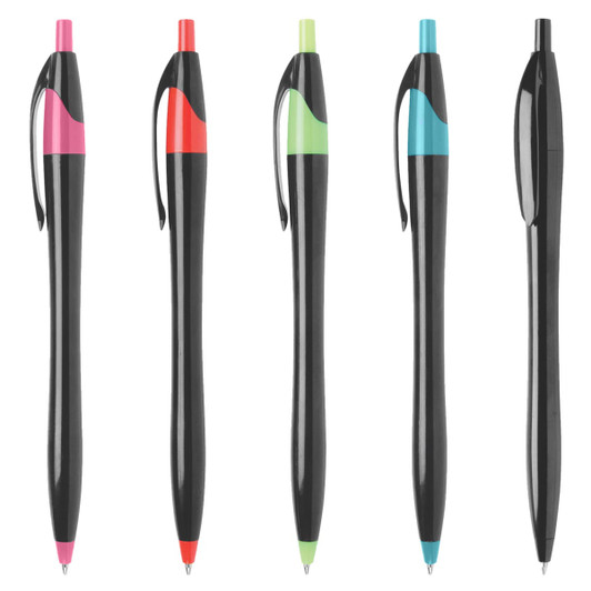 A collection of five plastic pens in black with various brightly coloured accents: pink, red, green, blue, and one entirely black.