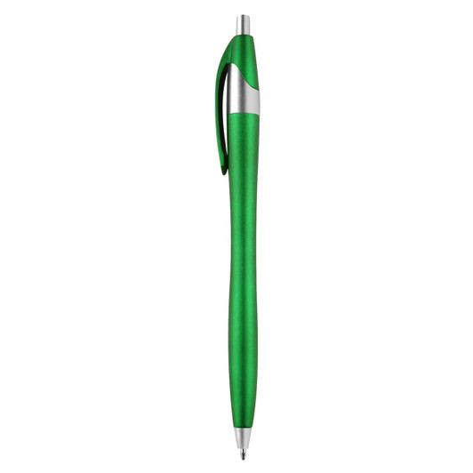A green metallic pen with a silver clip and accent, featuring a sleek design. It has a branded logo.