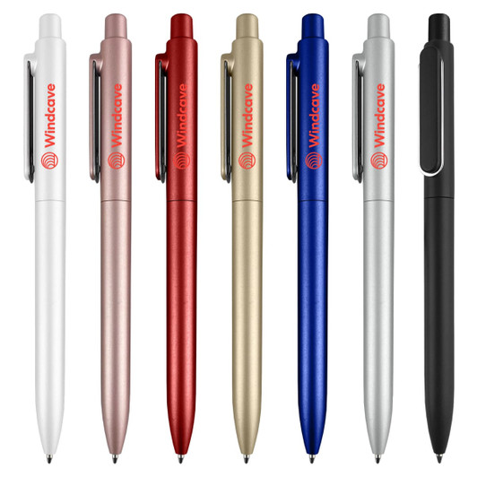 A collection of plastic pens in white, rose gold, red, gold, blue, silver, and black, featuring a logo.