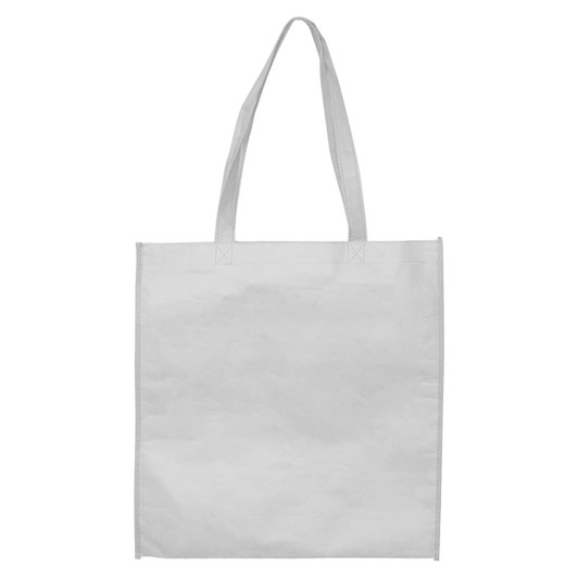 A white paper bag with handles, featuring a plain surface and no gusset, ideal for various uses.