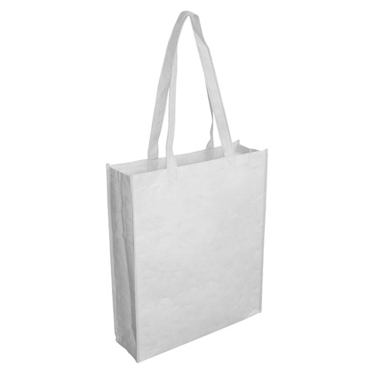 A white paper bag with large gussets and long handles, featuring a simple design and a logo.