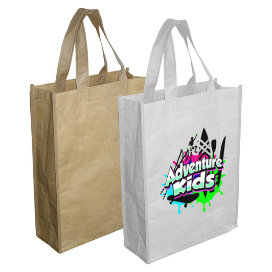 Two paper trade show bags, one brown and one white, each with a logo printed in vibrant colours.
