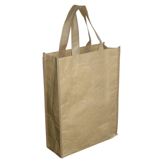 A brown paper trade show bag with two handles and a rectangular shape. It features a logo on the front.