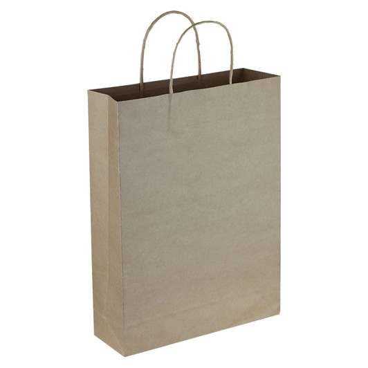 A brown paper trade show bag with two handles. The bag has a plain design and minimalistic features.