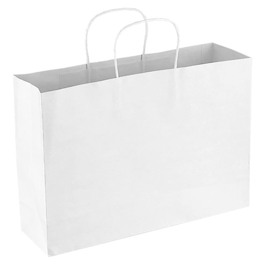 A large white paper bag with two handles and a plain design.
