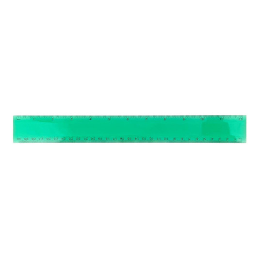 A green PVC soft plastic ruler with clear measurement markings. It includes a logo.