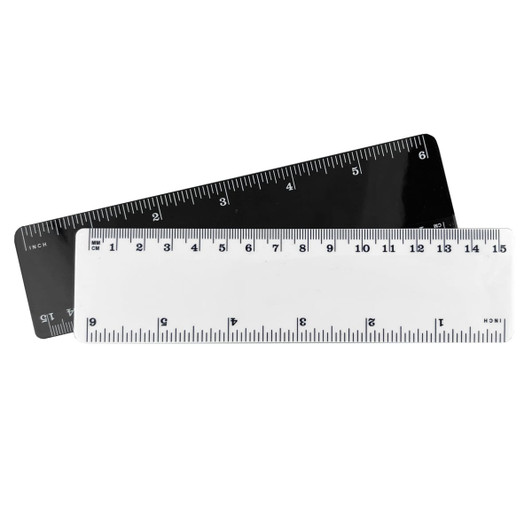 A 15cm plastic ruler in white and black, featuring measurement markings on both sides and a logo.