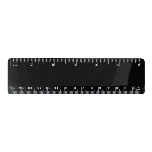 A black plastic ruler measuring 15cm, featuring clear markings in inches and a branding logo.