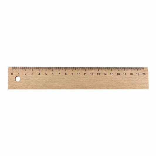 A wooden ruler measuring 20 cm, featuring a hole at one end and markings in centimetres.