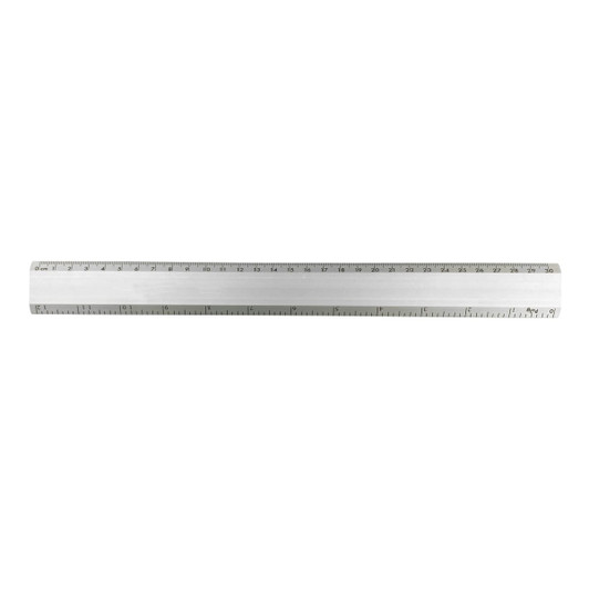 An aluminium ruler, 30cm in length, featuring clear measurements along its edge. It has a sleek, metallic finish.