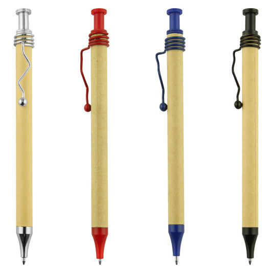 A collection of four recycled cardboard pens in silver, red, blue, and black with a logo on the body.