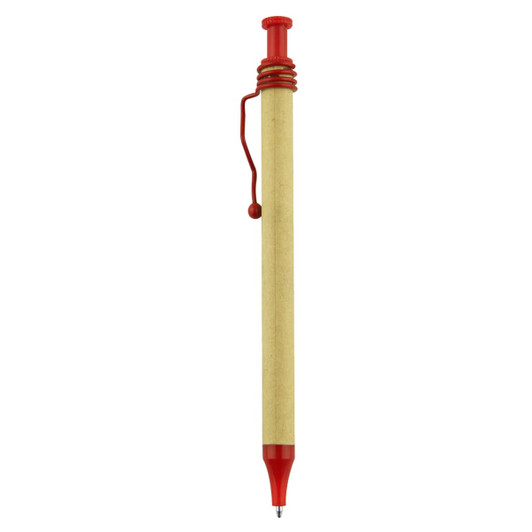 A recycled cardboard pen featuring a natural finish with red accents and a logo on the barrel.