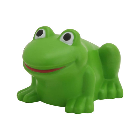 A green stress-relief frog, featuring large eyes and a smiling mouth, designed as a fun stress toy.