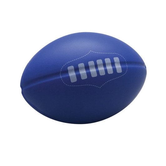 A blue stress ball in the shape of a football, featuring a logo on its surface.
