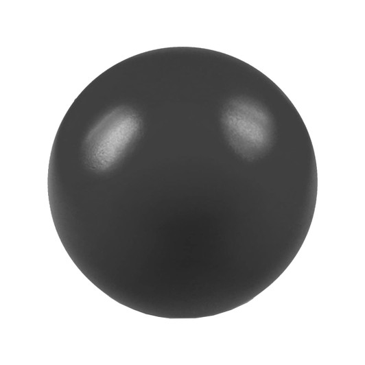A black stress ball with a smooth, matte finish and a rounded shape, featuring a logo.