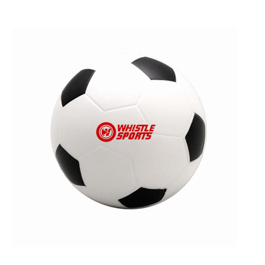 A small white stress soccer ball with black patches and a logo. Ideal for stress relief and fun activities.