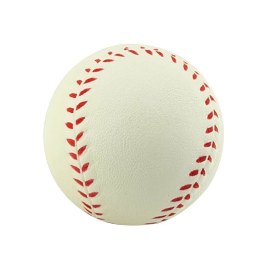 A stress ball designed to resemble a baseball, featuring a white surface with red stitching and a logo.