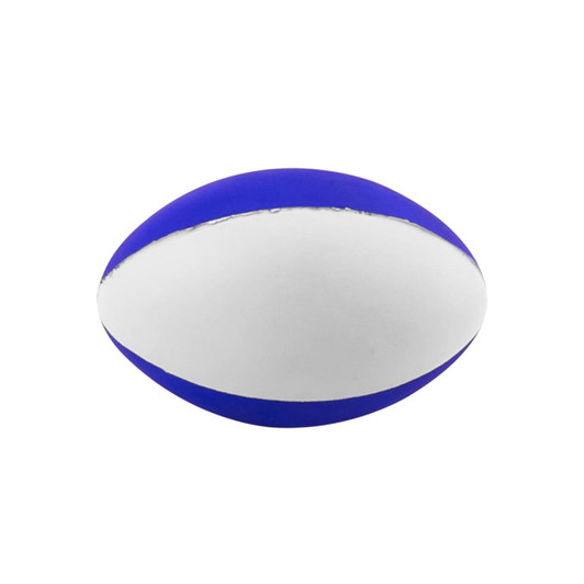 A stress football in blue and white, featuring a rounded shape and a logo on one side.