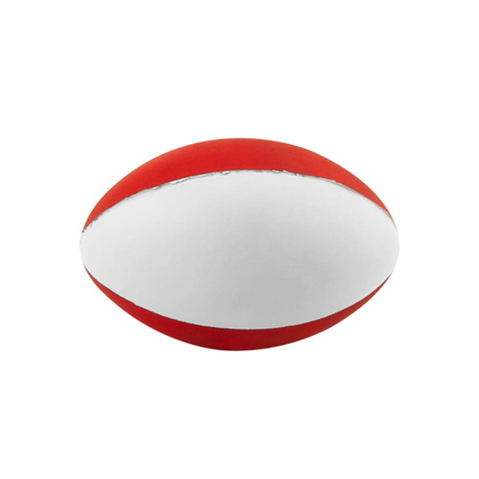 A red and white stress football with a smooth surface and a branding logo on it.