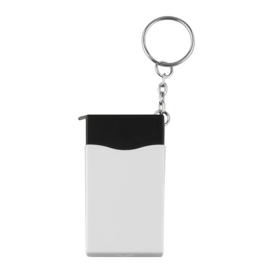 A mini screwdriver tape key ring in white and black, featuring a metal chain and ring for attachment.