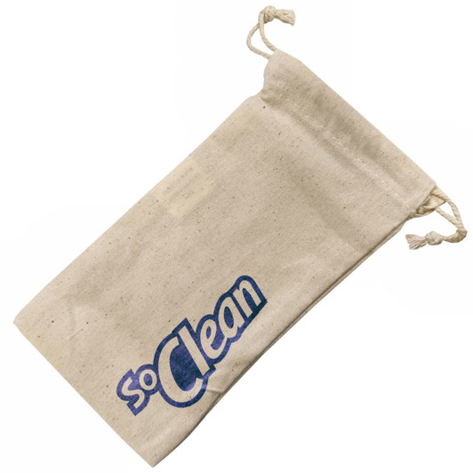 A cotton drawstring pouch in off-white featuring a logo. The pouch has ties at the top for closure.