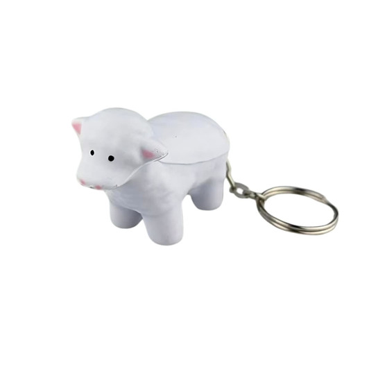 A white sheep-shaped key ring with a silver keychain, made from a stress-relieving material.