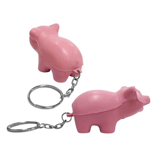 A pink pig-shaped key ring with a metal chain, featuring two pigs in different positions.