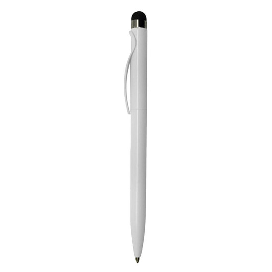 A white stylus pen with a sleek design and a black tip, featuring a clip and silver accents.