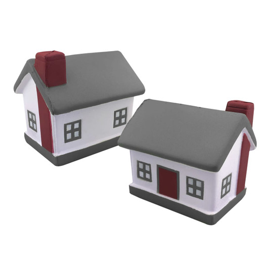 A pair of stress relief toys shaped like houses, featuring grey roofs, red doors, and white walls.