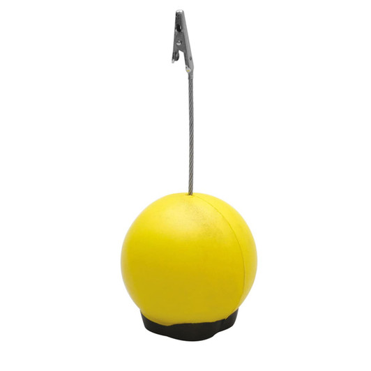 A yellow stress ball attached to a metal clip via a wire, set on a black base.