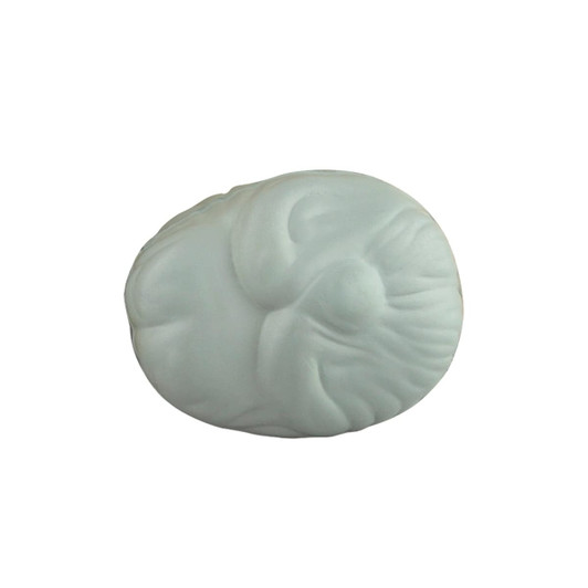 A light blue stress relief shape resembling a brain, featuring a smooth, textured surface. It has a logo on one side.