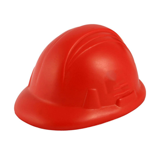 A red stress relief hard hat with a smooth, matte finish and a simple design. It features a logo on one side.
