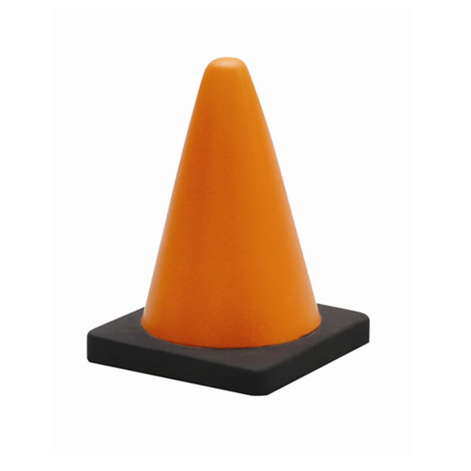 An orange stress traffic cone with a black base, designed for fun and relaxation.