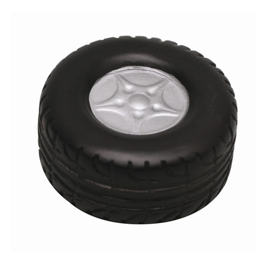 A black stress toy shaped like a tyre, featuring a silver centre and textured detailing on the surface.