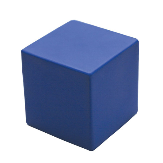 A blue stress cube with rounded edges and a smooth surface. It has a simple, solid design.