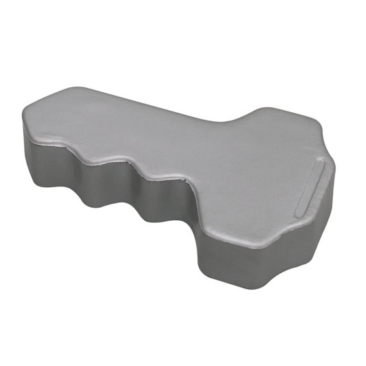 A grey key-shaped stress keyring with a smooth surface and ergonomic design. It has a simple branding logo.
