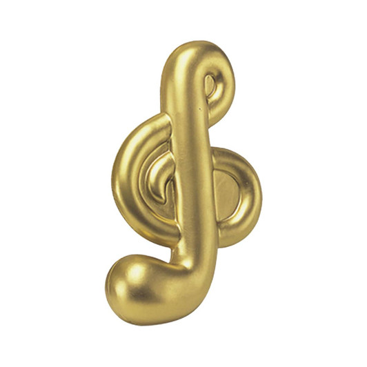 A golden stress relief shape designed like a musical note, featuring a shiny, smooth finish.