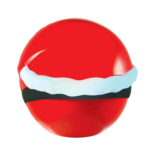A red stress ball shaped like Santa's head with a white beard and black belt, featuring a logo.