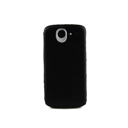 A black stress mobile phone with a silver camera lens on the back. It has a simple design and a smooth texture.