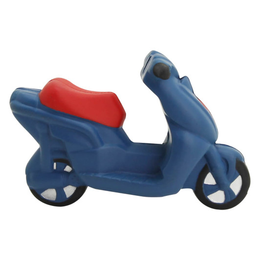 A blue stress scooter with a red seat, featuring wheels and a sleek design. It has a logo on the side.