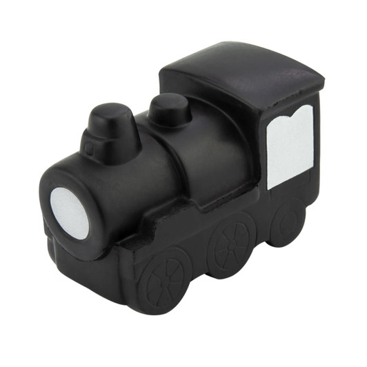 A black stress toy in the shape of a steam train, featuring simple wheels and a smooth surface.