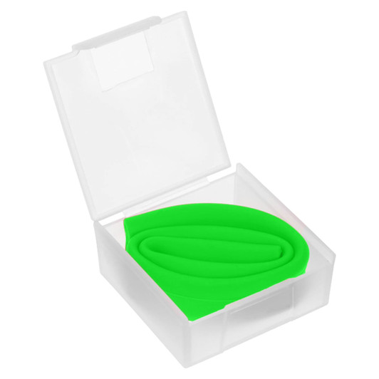 A green silicone straw stored in a clear plastic case, featuring a simple design and smooth surface.