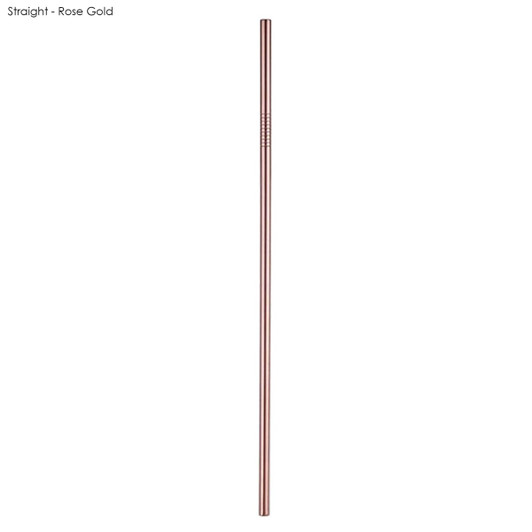 A straight stainless steel straw in rose gold, 6mm x 215mm, with a logo visible on the surface.