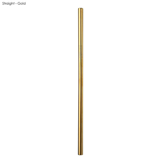 A gold stainless steel straw, straight design, measuring 8mm x 215mm, featuring a logo. Ideal for drinkware.