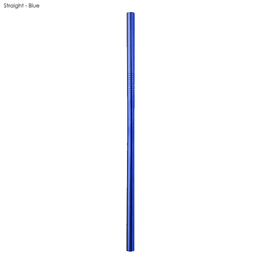 A blue stainless steel straw, measuring 8mm x 215mm, featuring a straight design and a branding logo.
