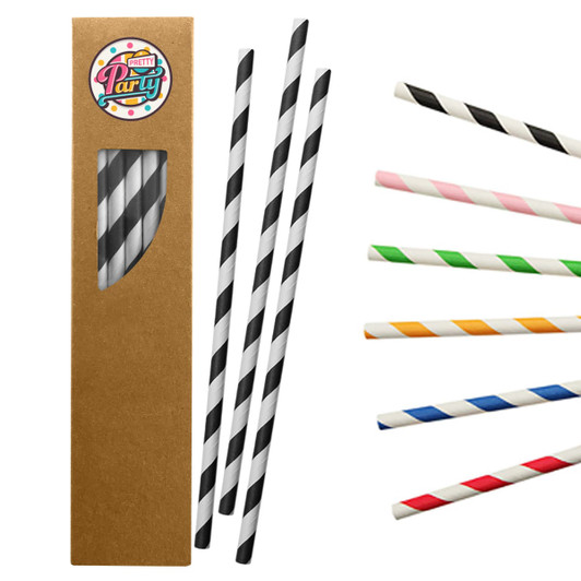 A pack of paper drinking straws in black and white stripes, with additional straws in red, pink, and green. Contains branding.